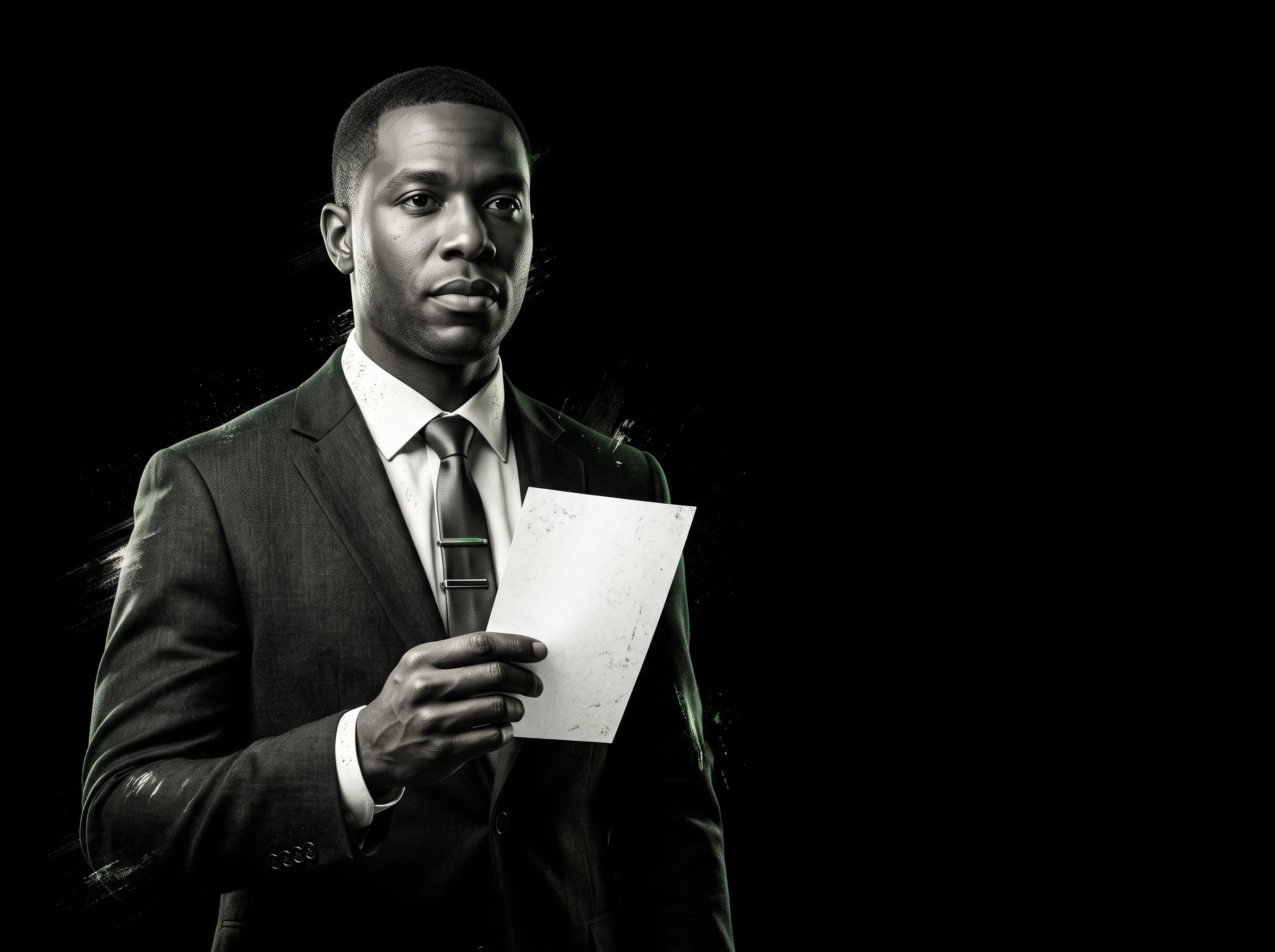 A figure in a dark suit holding a single page: the reasoning plane and the acting plane, held apart.